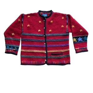 Newari Wool Hand Knit Nepal Cardigan L Folk Sweater Chunky Red Stars Geometric